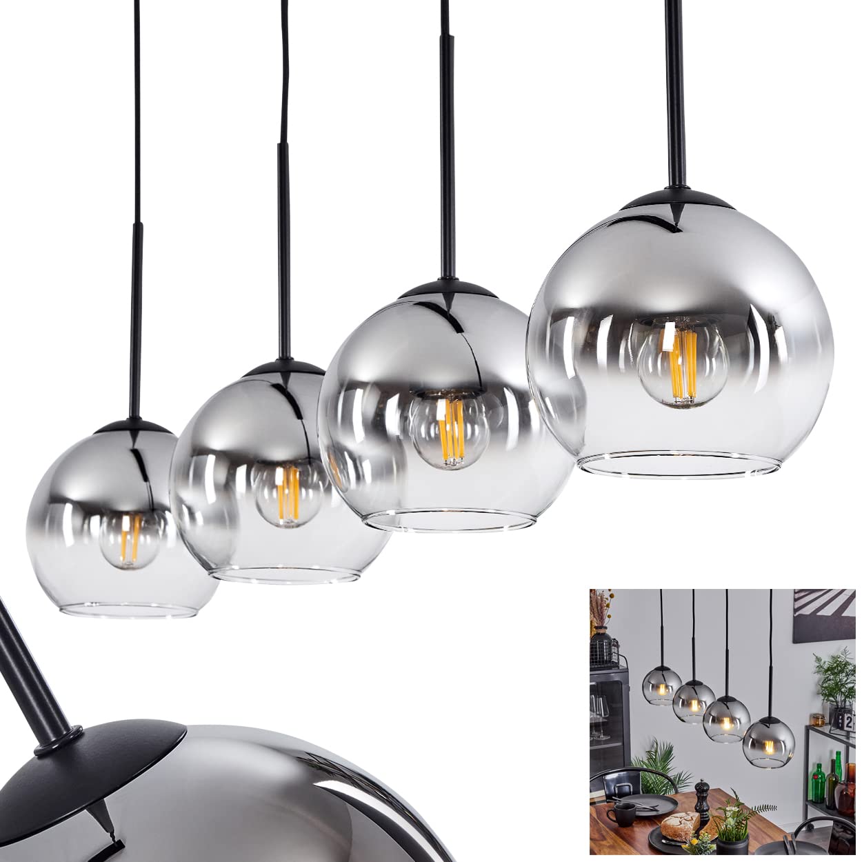 Koyoto Hanging Light, Hanging lamp Made of Metal/Glass in Black/Chrome/Clear, 4-Flame lamp in Vintage/Retro Design with Glass lampshades (Ø 15 cm), max. Height 147.5 cm, 4 x E27, Bulbs not Included