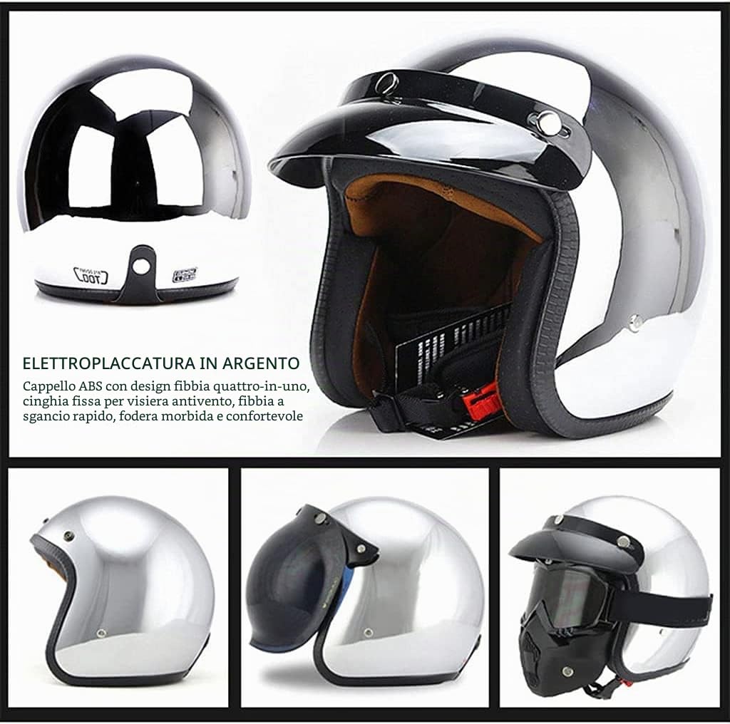 Casco Moto Aperto 3/4 Argento Cromato Mezza Casco Moto retrò Casco Placcato Argento specchiato Vintage Uomo Donna con Specchio a Bolle Chopper Ciclomotore Scooter Cruiser Casco ECE Certificato