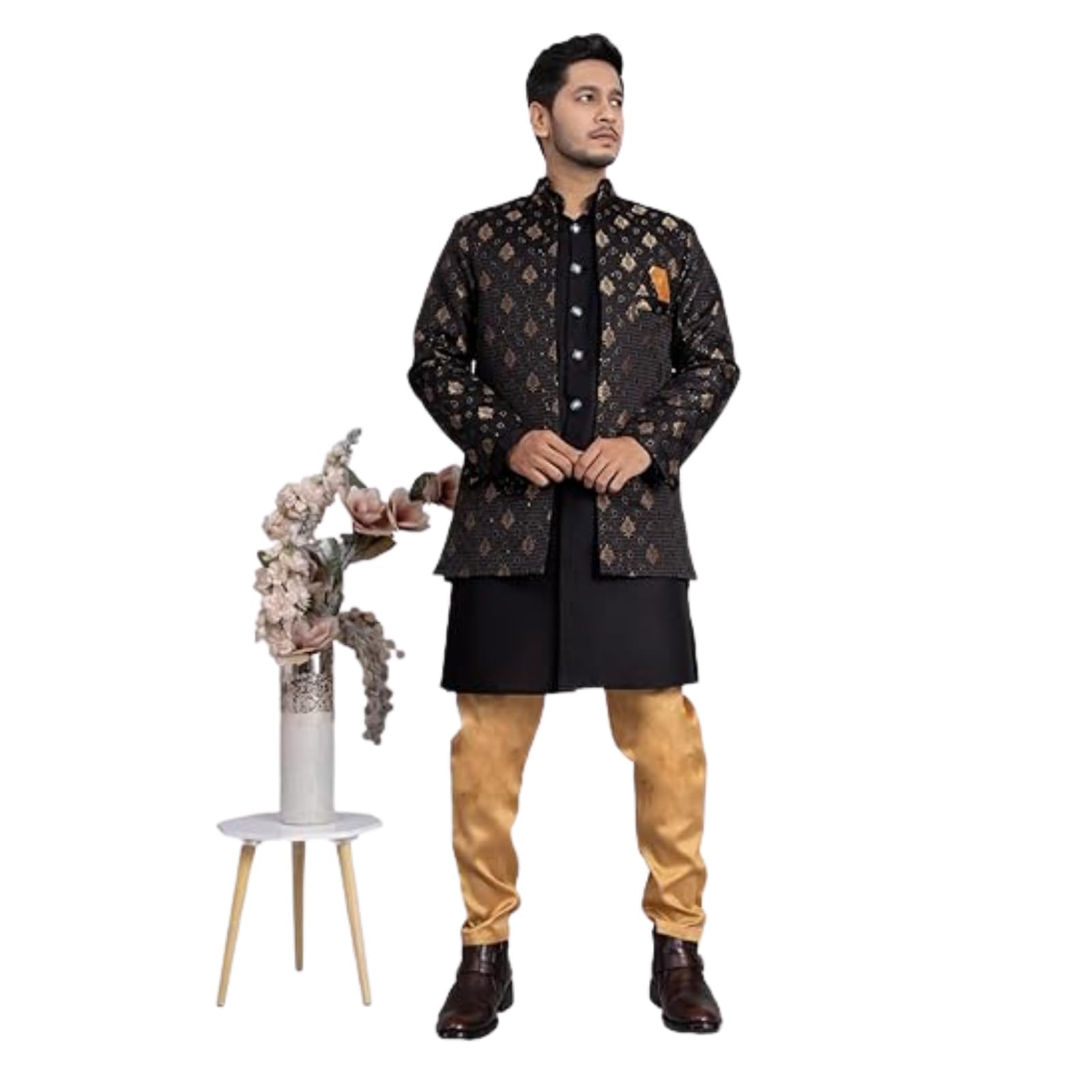 Men's Heavy Jecquard Sherwani Set with Mandarin Collar Long Sleeves Jacket and Cotton Mandarin Collar Button Closure Kurta | Kurta for Men