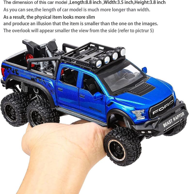 Image of Play Boy 1:28 Ford Raptor F150 Model Diecast Metal Alloy Pullback Toy Vehicle with Openable Doors Light and Music Car for Kids (Multicolor)