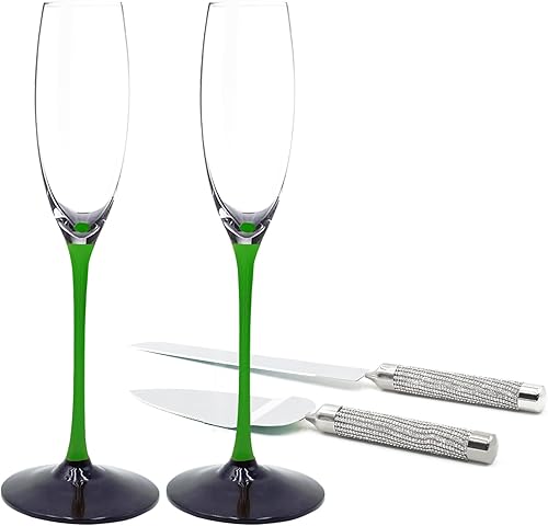 KOWLOON Juego de 4 copas de champán y cuchillos para tartas, juego de cristalería de lujo, copa de champán con tallo verde con juego de corte de