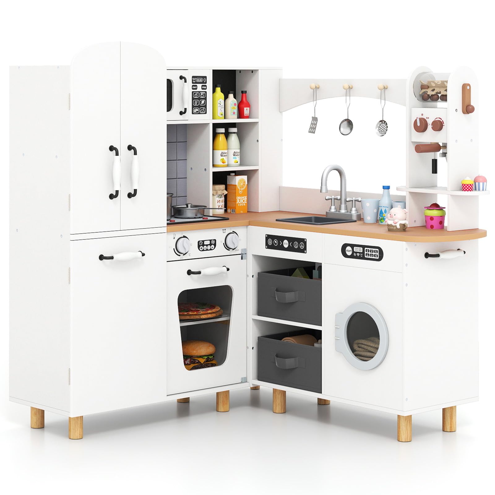 COSTWAY Kids Play Kitchen, Wooden Corner Pretend Toy Kitchen with Double-Door Fridge, Coffee Maker, Washer, Fabric Bins & 12 Accessories, Children's Chef Role Play Set for Boys Girls (White)