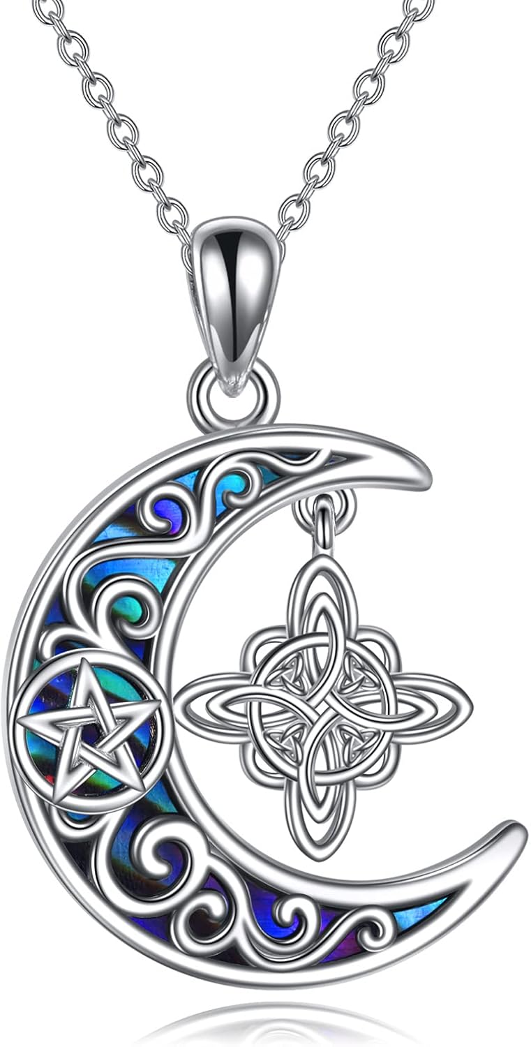 YFN Witches Knot Necklace Sterling Silver Celtic Crescent Witch Knot Pendant Necklace Pagan Jewelry for Women Gifts
