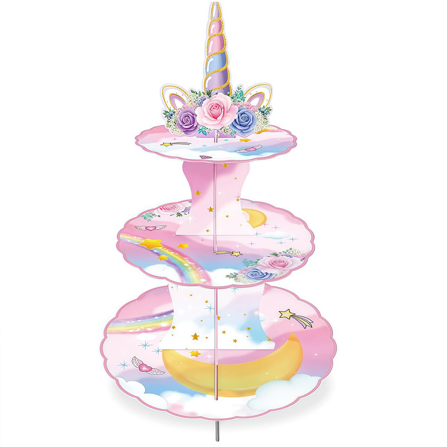 3-Tier Unicorn Cupcake Stand Party Decorations, Rainbow Unicorn Birthday Cupcake Stand Dessert Tower for Girls and Kids - Fits 48 Cupcakes Pink Table Decorations
