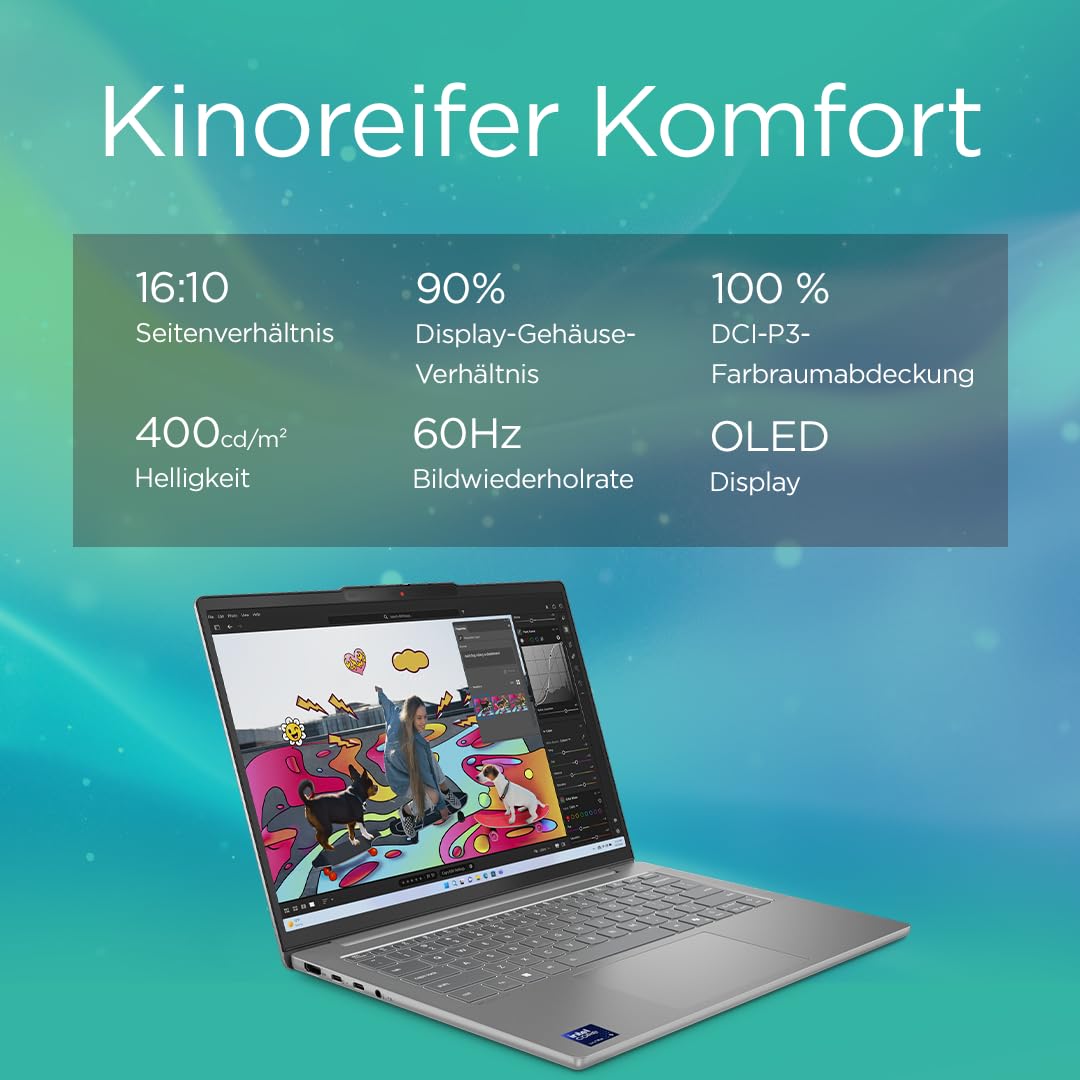 Lenovo IdeaPad Slim 5i Laptop | Copilot+ PC | 14" WUXGA OLED Display | Intel Core Ultra 9 185H | 1TB SSD | 32GB RAM | Intel Arc Grafik | QWERTZ | Beleuchtet | Win11 | Grau | 3 Monate Premium Care
