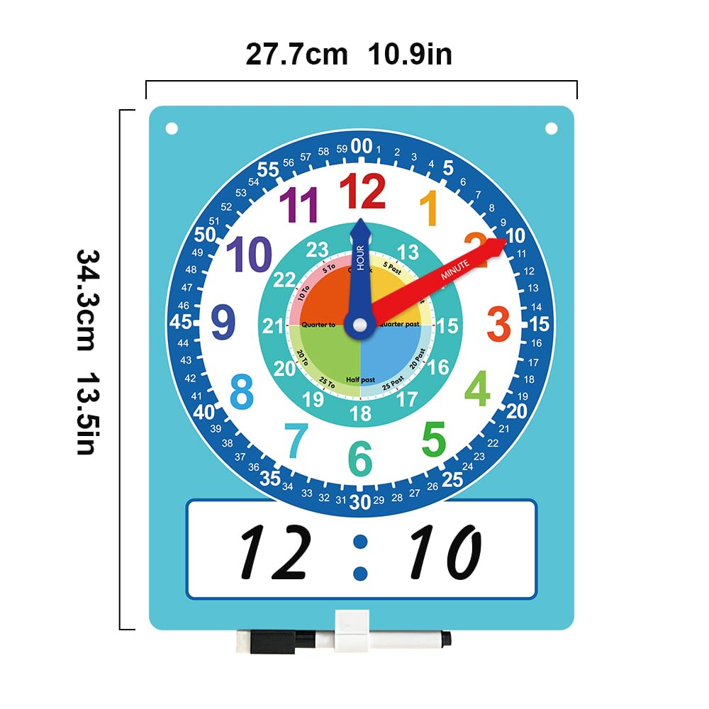 Lachilly Writable Dry Erase Learning Clock, Teaching Demonstration Clock, Telling Time Practice Clock Labelled Minute & Hour Hands, with Cute Style for Home School Classroom Supplies, 10.9