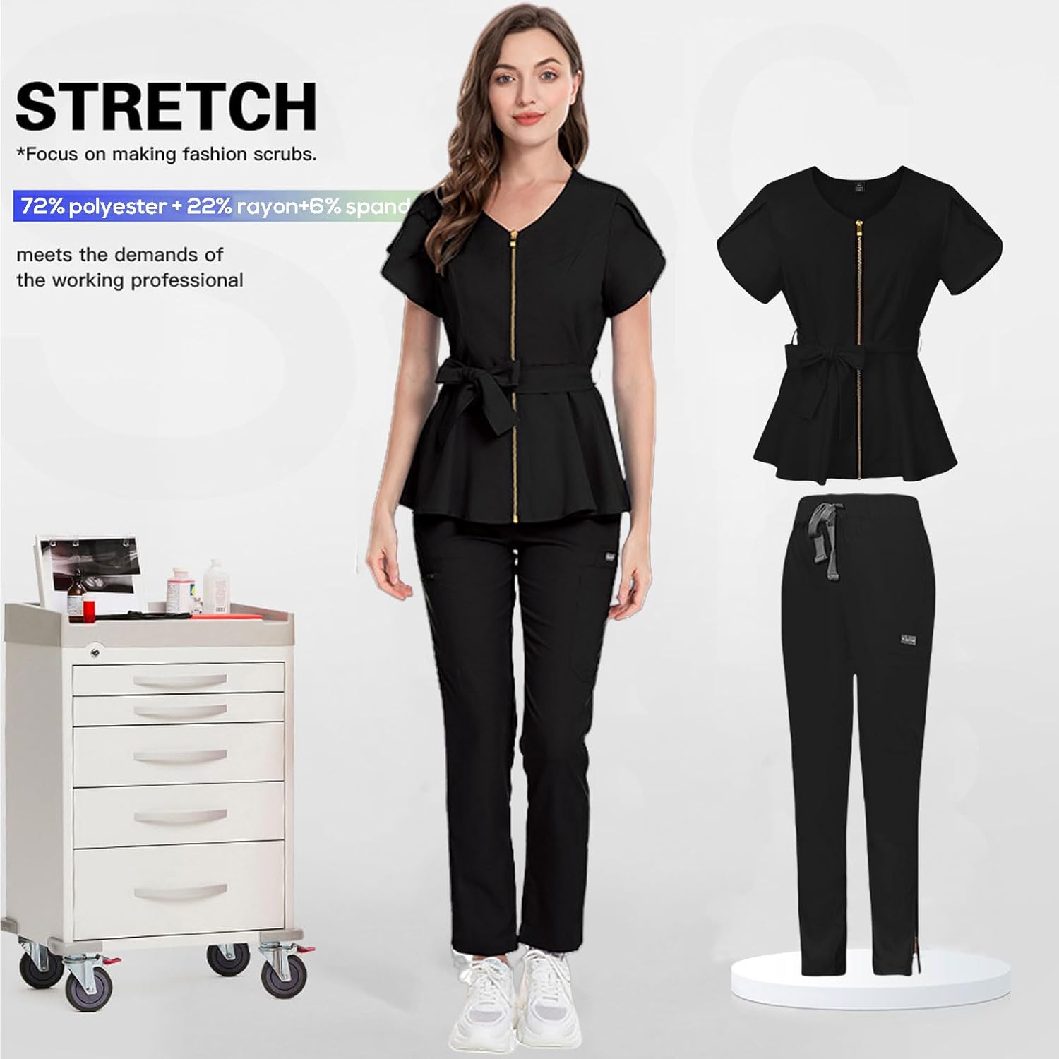 Women's Slim Fit Scrub Set V-Neck Top & Cargo Pants Soft Stretch Fabric, Zipper Pocket