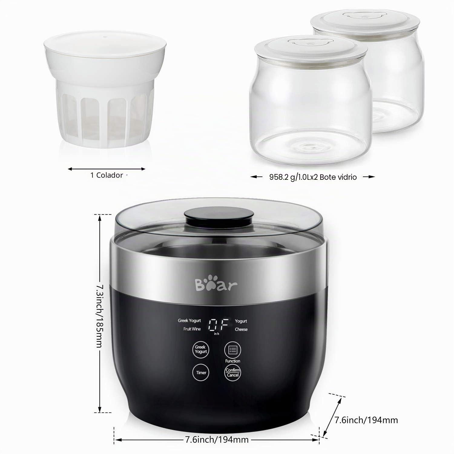 Máquina automática de yogur digital con olla interior de acero inoxidable, 2 tarros de vidrio (1 cuarto de galón) y colador para yogur orgánico en el hogar, color negro