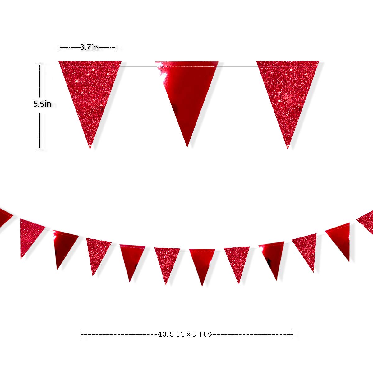 Festiko®12 Flags Red Party Decorations Glitter Metallic Paper Triangle Banner Flag Pennant Bunting for Wedding Engagement Graduation Anniversary Bachelorette Birthday Bridal Shower Party Supplies
