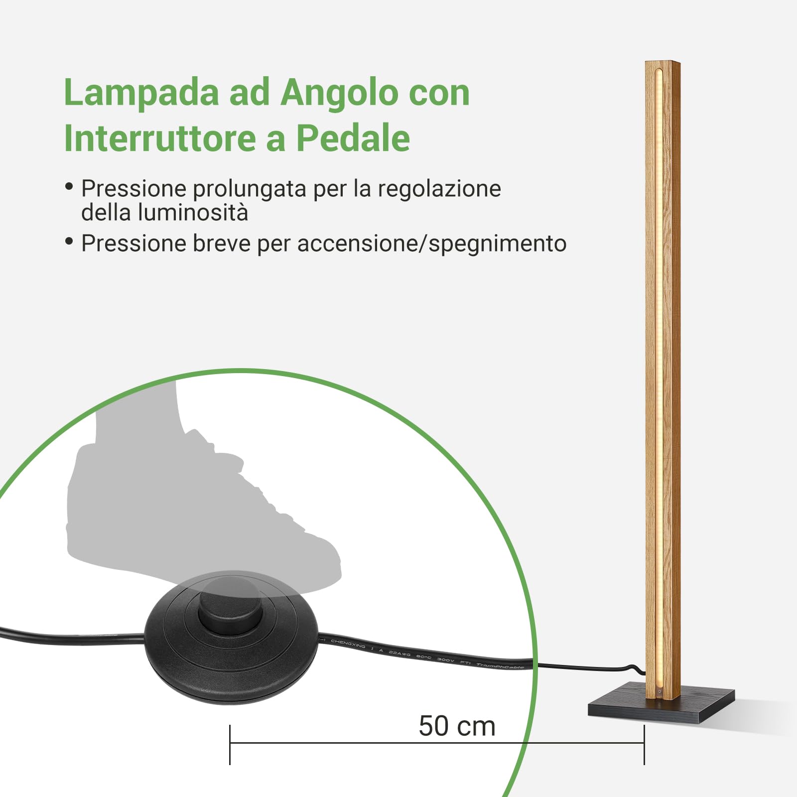 EDISHINE Lampada da Terra Legno, LED Lampada Piantana da Terra Dimmerabile, 800 LM 3000K Bianco Caldo, 18W per Ambienti, con Interruttore a Pedale e Funzione di Memoria per Soggiorno, Ufficio