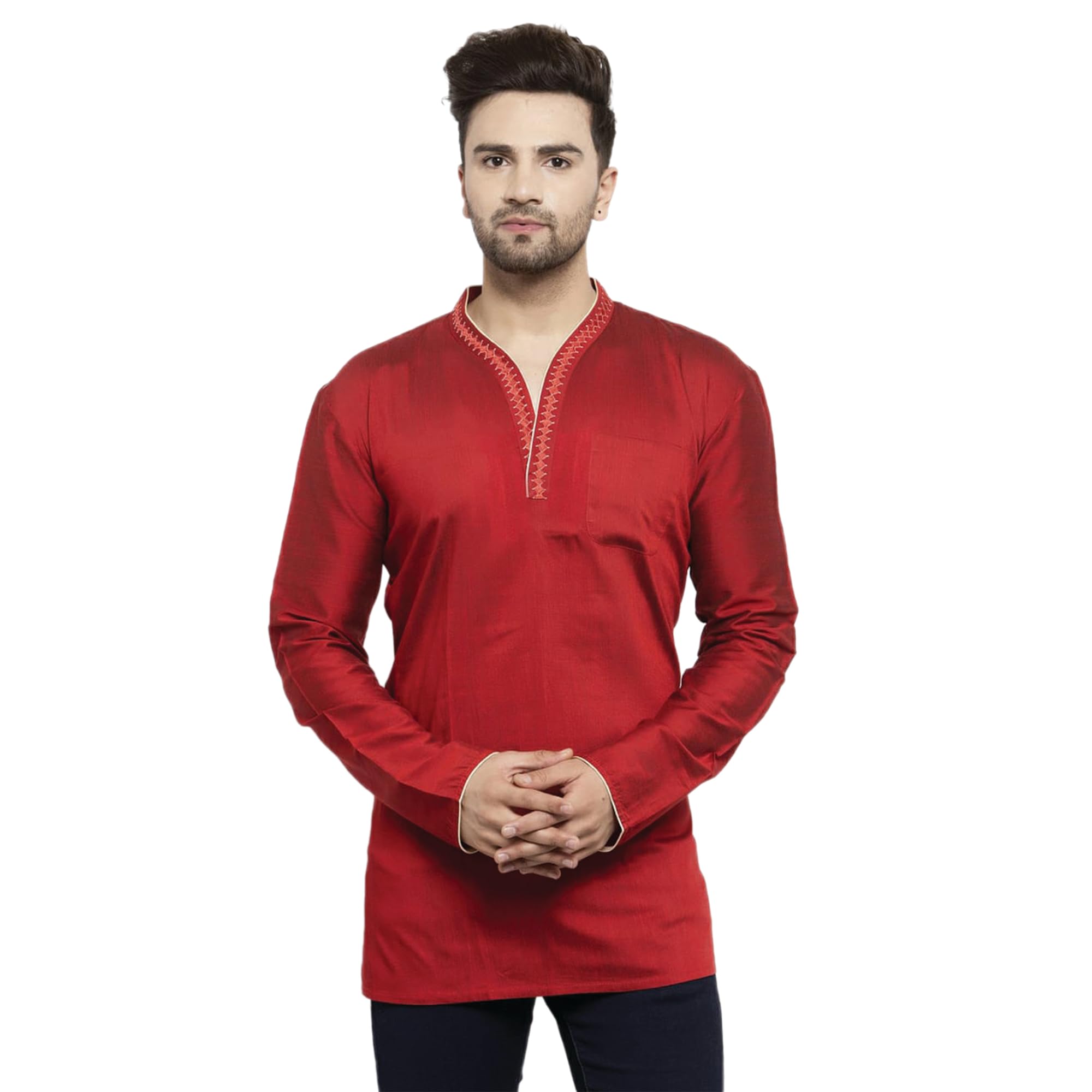 Men’s Cotton Silk Red Full Sleeve Kurta | Slub Textured with Embroidered Neckline | V-Neck Regular Fit Pull-On Closure | Hip Length-image-41