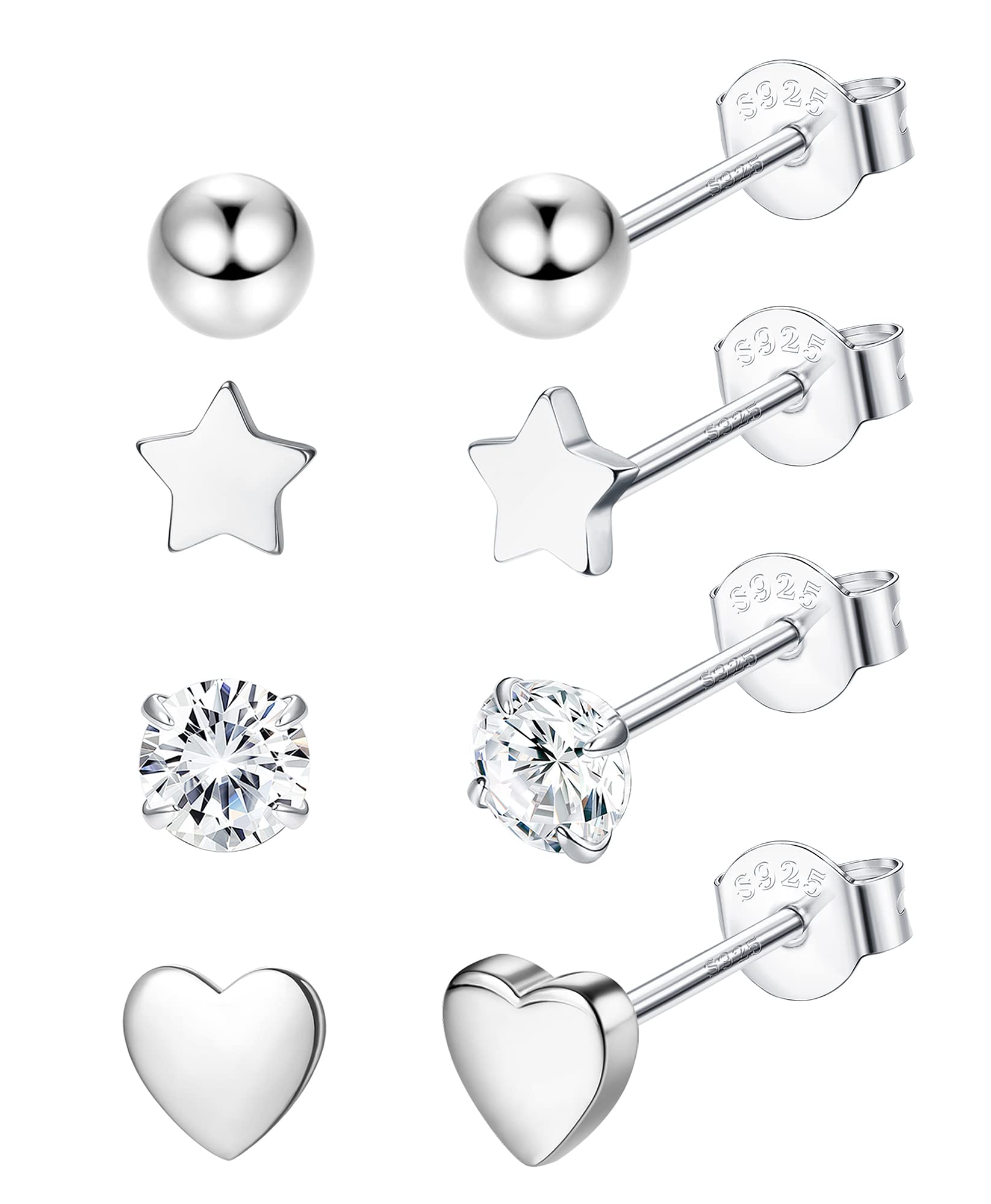 LOLIAS 4 Pares Juego de Plata Esterlina 925 Maciza Para Mujeres Pendientes de Circonia Cúbica con Forma de Estrella y Corazón de Bola Pequeña Pendientes de Perforación de Oreja de Hélice de Cartílago