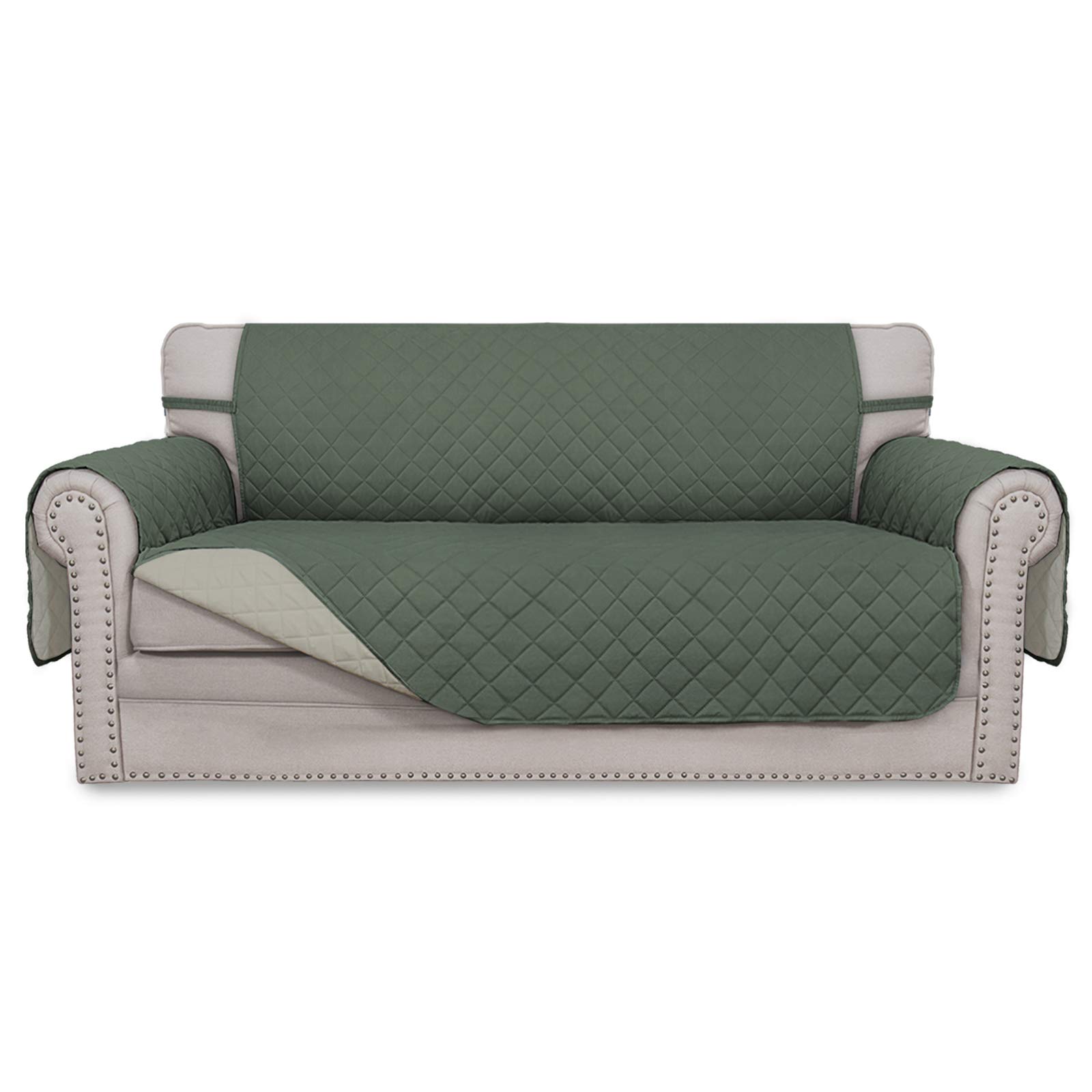 Easy-Going Sofa Slipcover Reversible Loveseat Sofa Cover Couch Cover for 2 Cushion Couch Furniture Protector with Elastic Straps for Pets Kids Dog Cat (Oversized Loveseat, Greyish Green/Beige)