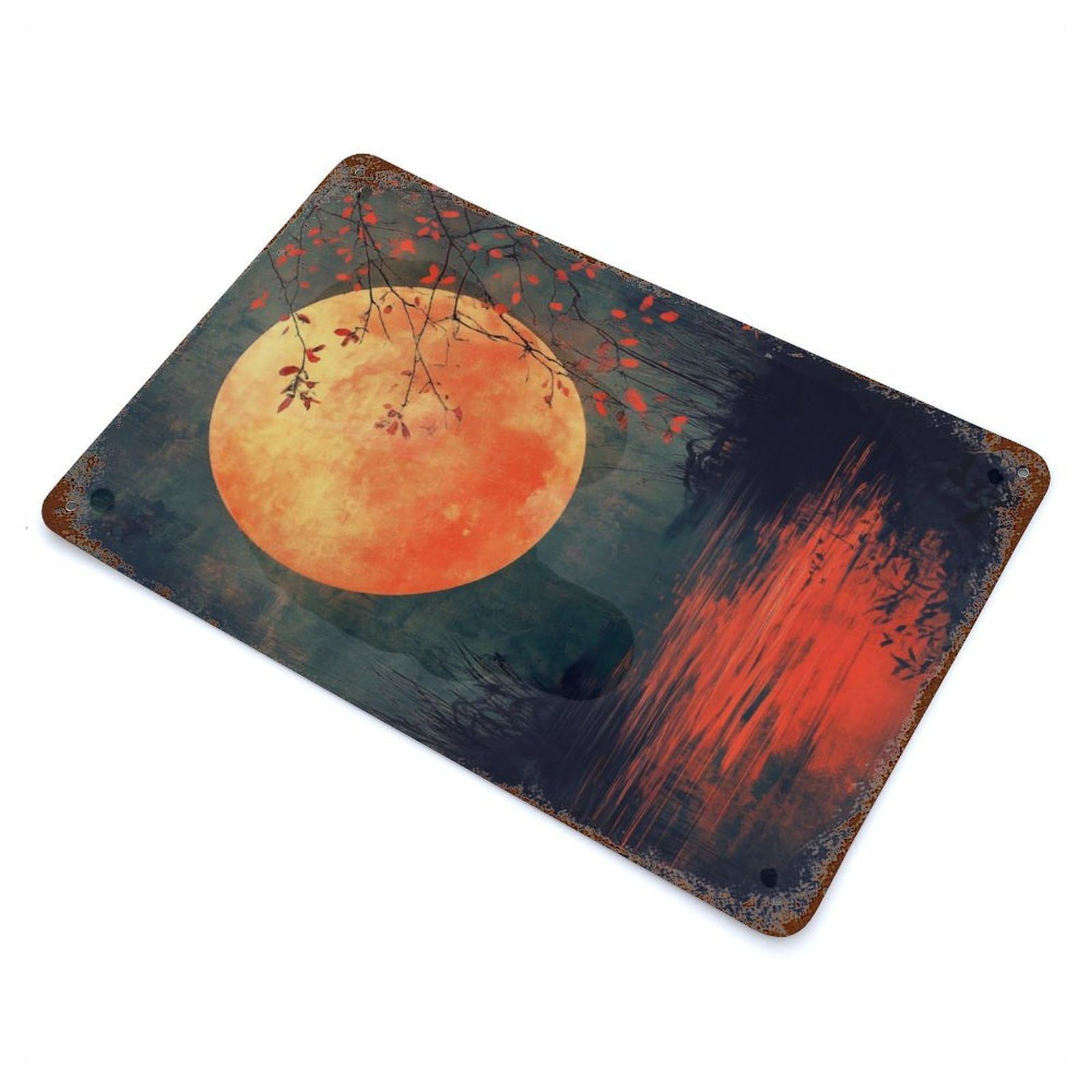 Decorative Tin Sign Blood Moon Over Water 11.8"x7.9", Novelty Wall Decor for Shed, Workshop And Garage Wall Decor