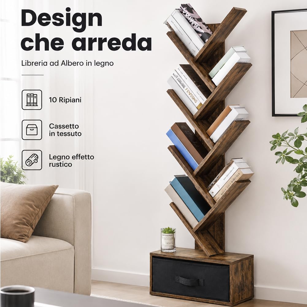 BAKAJI Libreria Scaffale 10 Ripiani Inclinati in Legno MDF con Cassetto in Tessuto, Scaffalatura con Design Moderno per Soggiorno, Salotto, Casa, Ufficio, Dimensione 149 x 38 x 20 cm