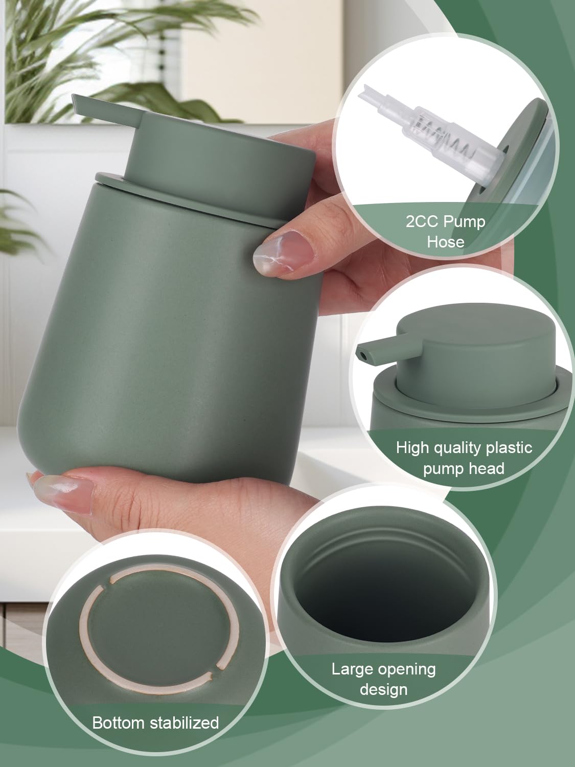Dispenser di sapone liquido in ceramica per cucina – Dispenser di sapone liquido ricaricabile da 350 ml per bagno, moderno dispenser di sapone liquido con pompa, verde opaco