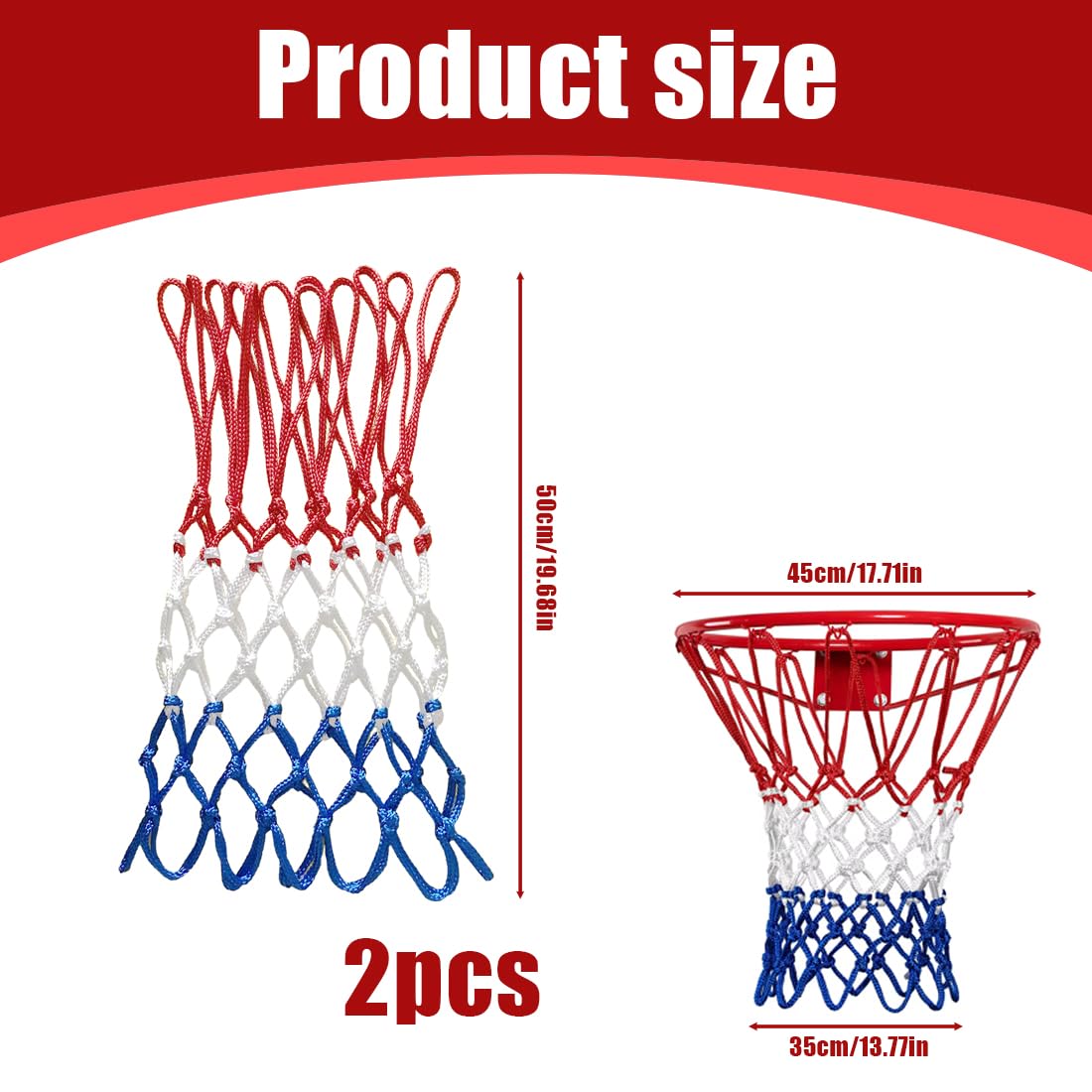 2 pezzi basket rimovibile, Ricambio rete 12 anelli, retino da basket in Poliestere resistente alle intemperie, Pallacanestro, per sport all'aperto e chiuso (12 anelli) (tricolore)