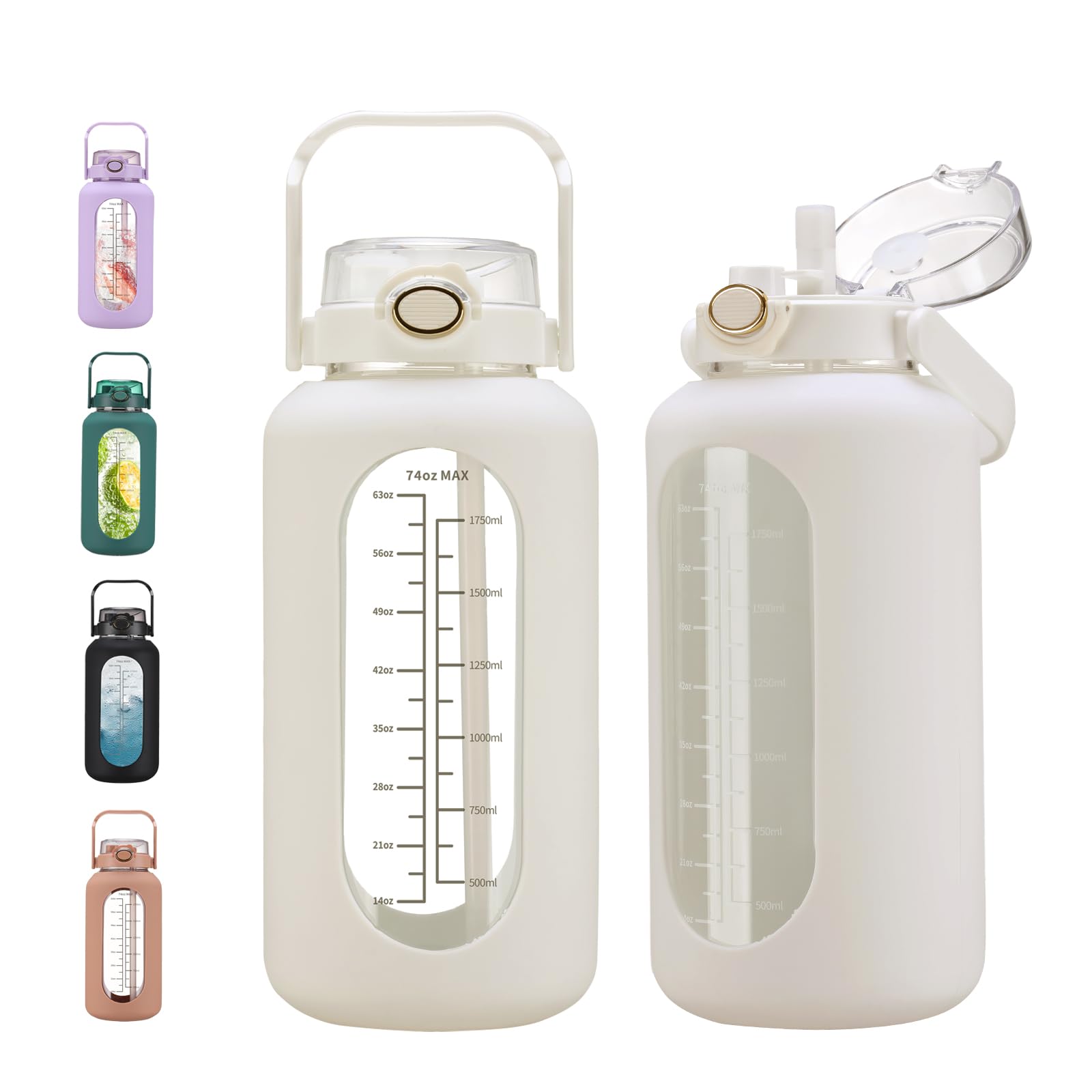 chunmo Grande bouteille d'eau de motivation en verre avec marqueur de temps avec manchon en silicone et couvercle à poignée - 2,2 l - Pour le sport