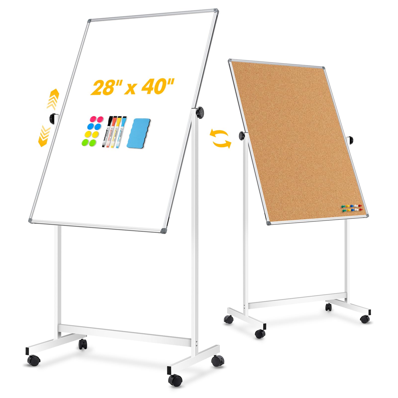 [15 pies cuadrados] Combo de pizarra blanca y corcho grande con soporte, pizarra blanca reversible de doble cara de 28 x 40 pulgadas, combinación de pizarra blanca de corcho de doble cara, borrado en