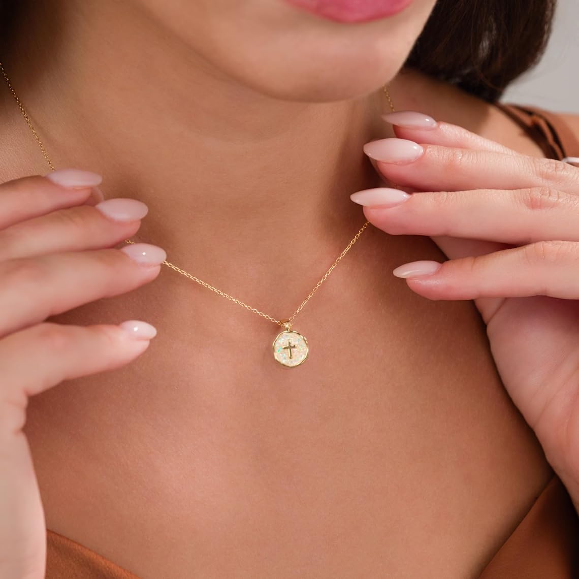 Gold Enamel Mini Cross Necklace Tiny Mother of Pearl Cross Necklace Religious Christian Gift for Baptism First Communion Christmas - Image 4