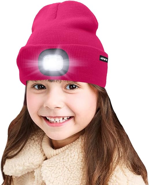 ATNKE Kids LED Lighted Beanie Cap, USB Rechargeable 4 LED Headlamp Waterproof Winter Warmer Knit Night Hats with Light for Boys Girls