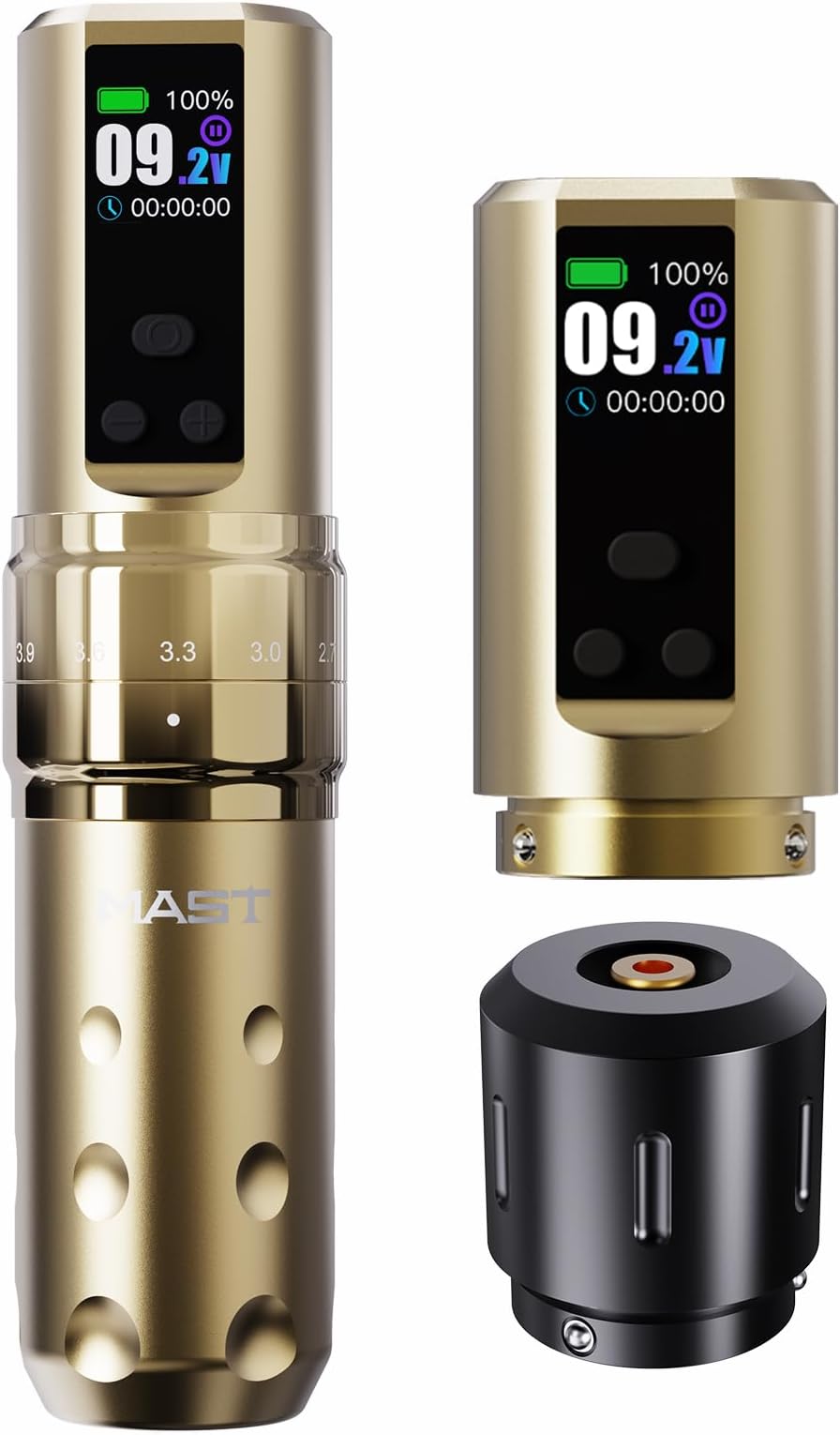 Mast Fold2 Pro Tattoo Gun Wireless Tattoo Pen Machine 2 Replaceble Batteries 2,000mAh Power Supply Mcore Rotary Motor Real Strokes Length P-076 (Gold)