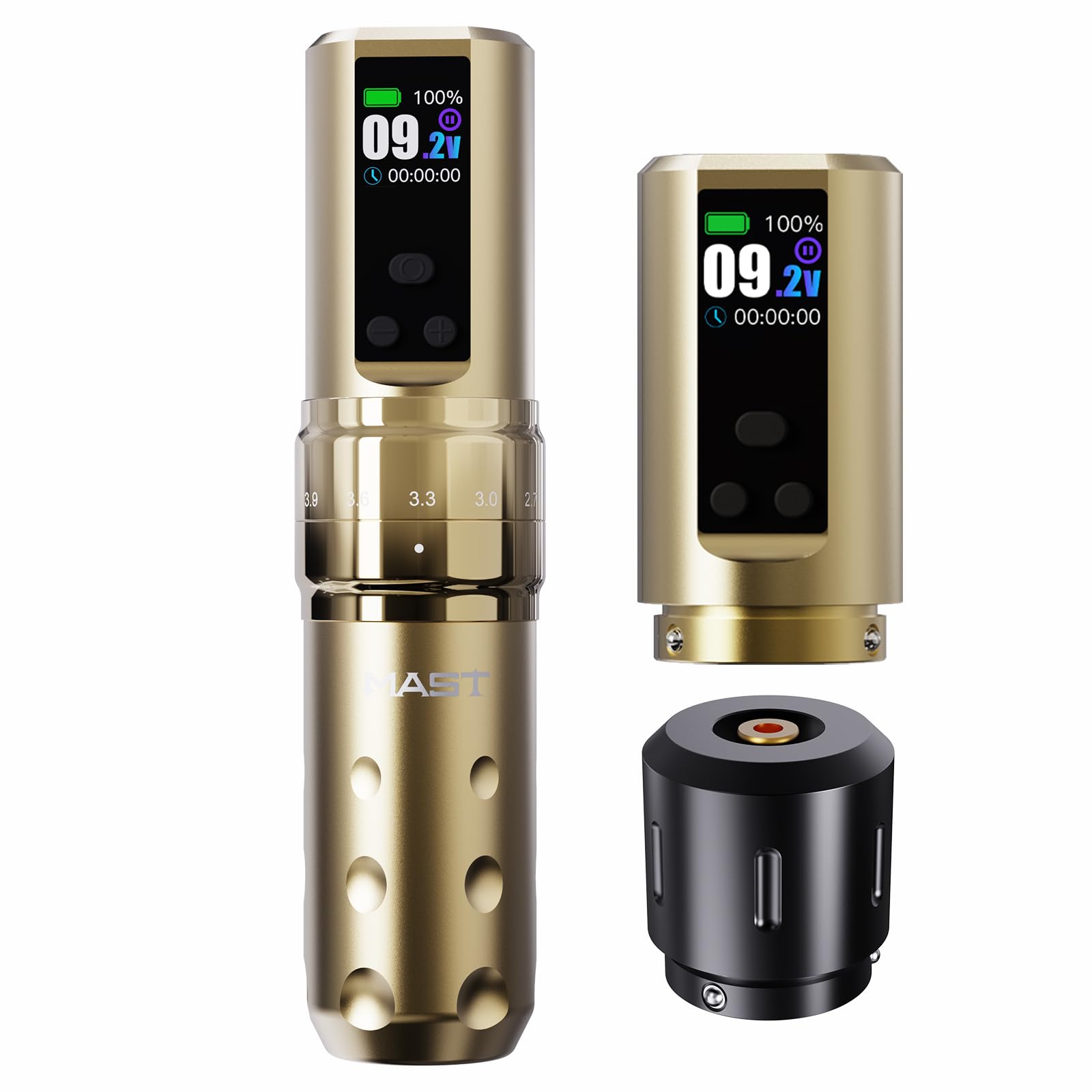 Mast Fold2 Pro Tattoo Gun Wireless Tattoo Pen Machine 2 Replaceble Batteries 2,000mAh Power Supply Mcore Rotary Motor Real Strokes Length P-076 (Gold)