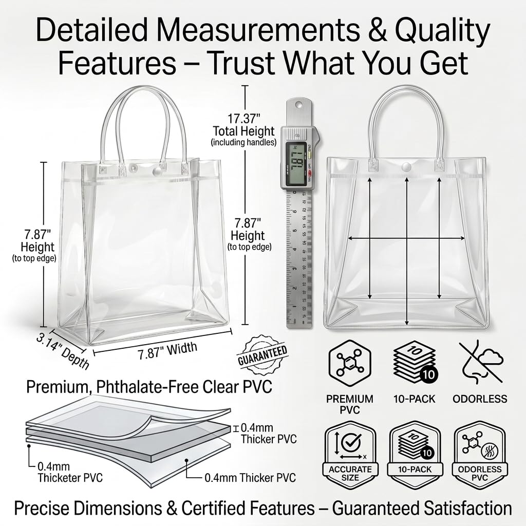 RJTLPNK 10-Pack Transparent PVC Gift Bags with Handles – Durable & Odorless Clear Plastic Bags for Wedding Favors, Birthday Parties & Corporate Events (7.87”L x 3.14”W x 7.87”H)