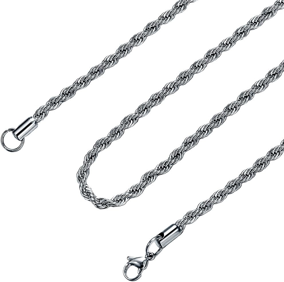 Heraculs Stainless Steel Necklace Chain, 4MM Mens Womens Silver Twist Rope 16-36 Inch