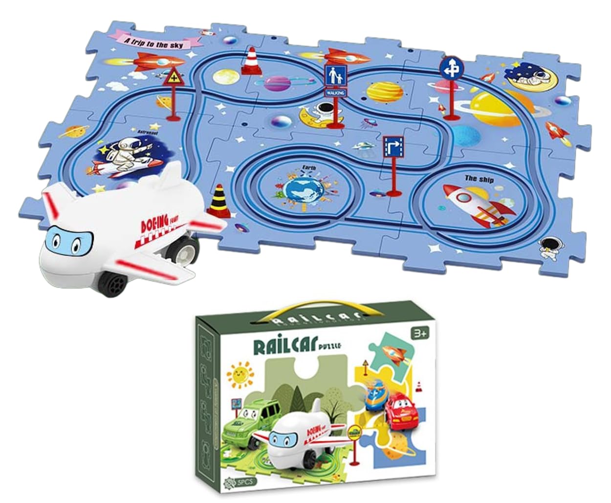 HALAYAYA DIY Assembling Electric Trolley Car Set, Children's Educational Puzzle Track Car Play Set, Rail Car Track Toy Puzzle, Fun Rail Car Building Toys for Kids Ages 3+ Years (space 13 pcs)