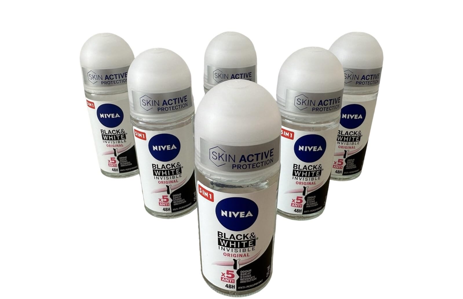 NIVEA Invisible Black & White Clear Roll-On Antiperspirant Deodorant 50ml Pack of 6
