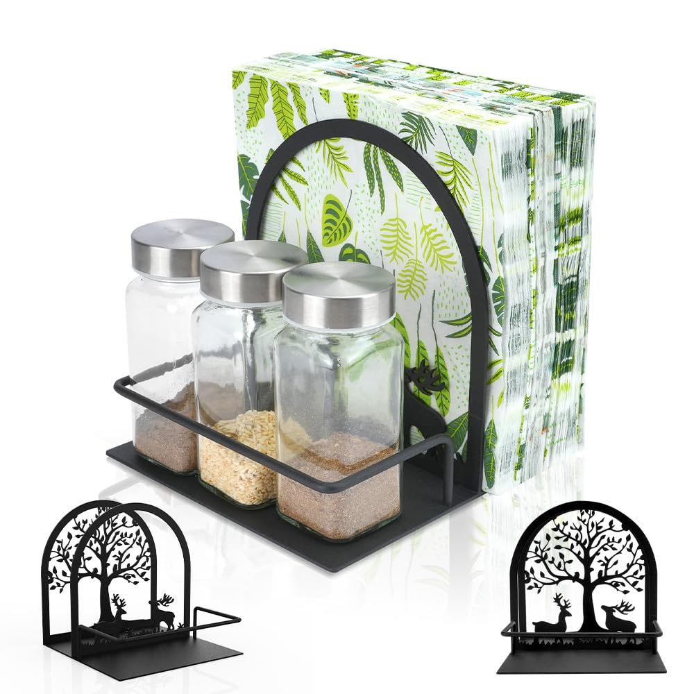 SITAKEGS Serviettenhalter, Serviettenspender mit 3 Stück Salz-Pfefferstreuer Baum & Hirsch Design Metall Serviettenhalter Korb, Schwarz Papier Tissue Veranstalter Caddy für Küche Esszimmer Restaurant