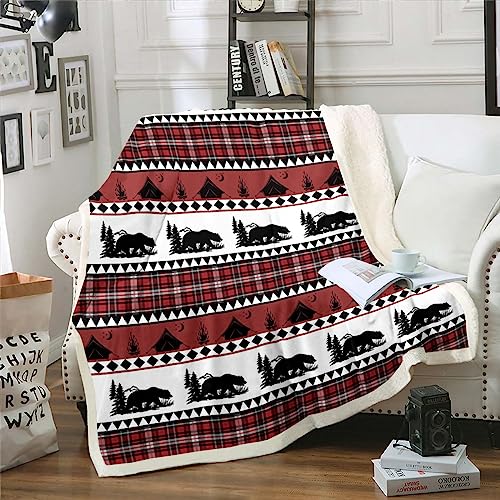 Camping Themed Blanket Wild Animal Bear Print Throw Blanket for Women Men Rustic Farmhouse Camper Fleece Blanket Red Geometry Stripes Print Fuzzy Blanket Exotic Farmstyle Sherpa Blanket 60"X