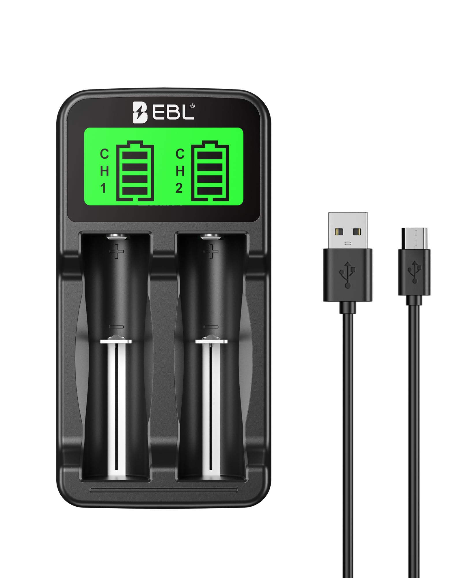 EBL Chargeur de Piles Universel 18650, pour Piles Rechargeables 3.7V Lithium-ION 26650 22650 18650 18490 18350 17670 17500 16340 (RCR123) 14500, et 1.2V Ni-MH Ni-CD AA AAA etc.