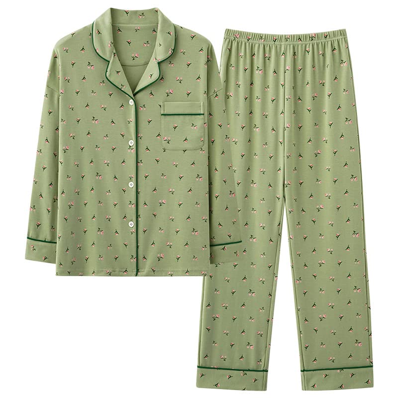 BOXIFACotton Button-up Pyjama Set Two Piece Pj Sets Button Down Sleepwear Loungewear Women's Pyjama Women's Pyjama Set(M, Green)