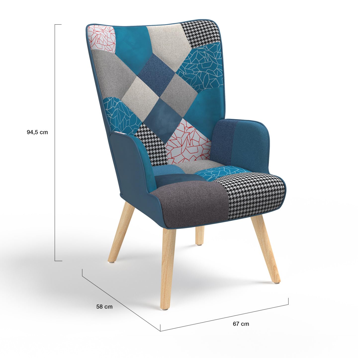 IDMarket - Fauteuil scandinave Ivar en Tissu Patchwork et Velours Bleu