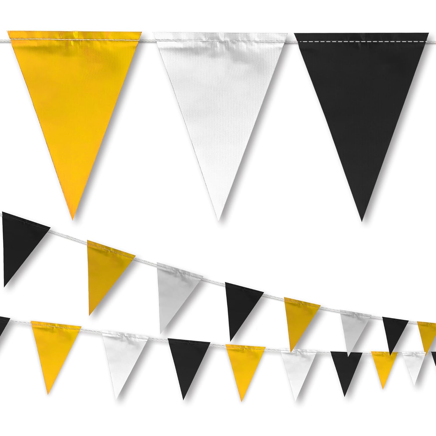 Yellow & White & Black Pennant Banner Flags | OSHA 500lb Rated | Strand Fade Resistant 【102FT】