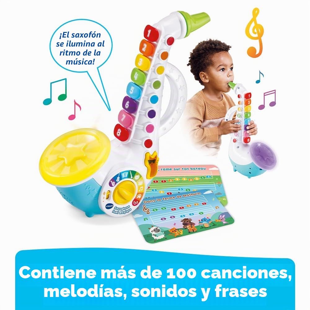 VTech Lumi - Saxofón mágico, Instrumento Musical de Jazz para niños, saxofón Interactivo con 8 Teclas Coloridas, 4 Canciones Infantiles, a Partir de 2 años
