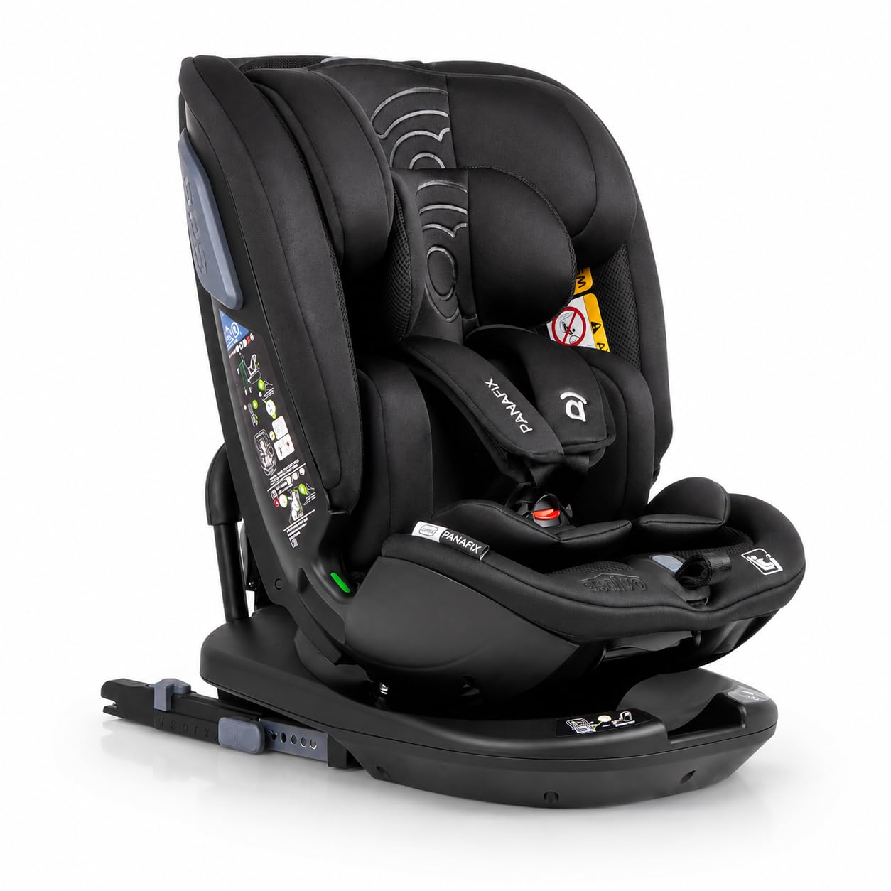 Silla de Coche i-Size 40-150 cm Grupo 0 1 2 3, ISOFIX + Top Tether, Giro 360°, Contramarcha hasta 105 cm, Reclinable – Asalvo Panafix Negro