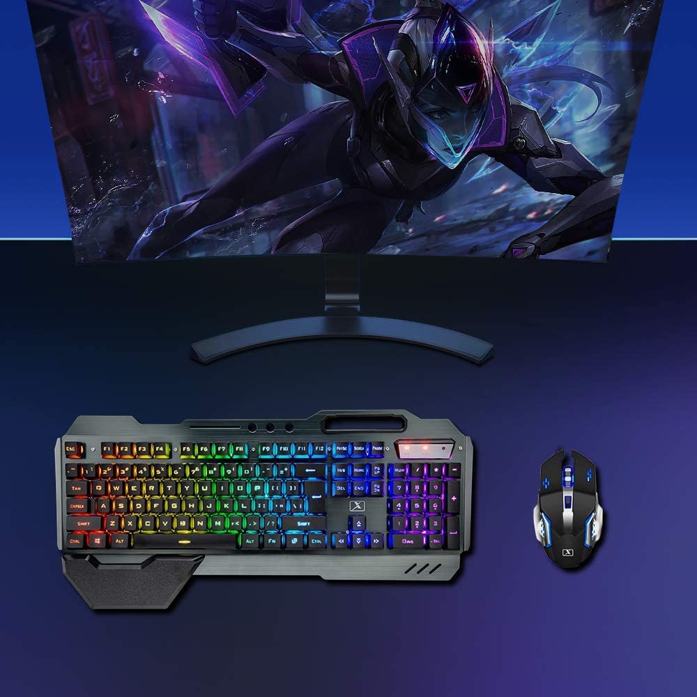 Ensemble clavier de jeu sans fil, souris clavier rétroéclairé RVB rechargeable avec batterie de 5000 mAh, panneau en métal, repose-main amovible, toucher mécanique et souris sourdine de jeu 7 couleurs