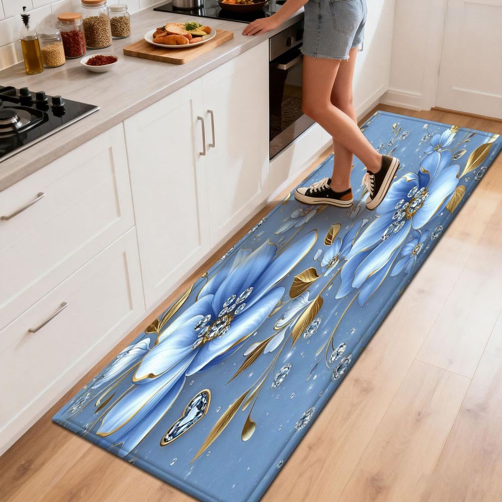 Générique Tapis Couloir,Tapis De Cuisine Antidérapant, Lavable, À Motif Floral, Dos en Caoutchouc Doux Et Pelucheux, Tapis De Sécurité Antidérapant pour La Cuisine, Bleu Multicolore, 100 X 200 cm