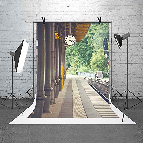 Train Station Backdrop For Party Decorations,Brick Floor Pillar Clock Railroad Tree Background Commercial Use Photo Booth Studio Props Themed Party Banner Meetsioy 5X7Ft Mt387 #TOP4