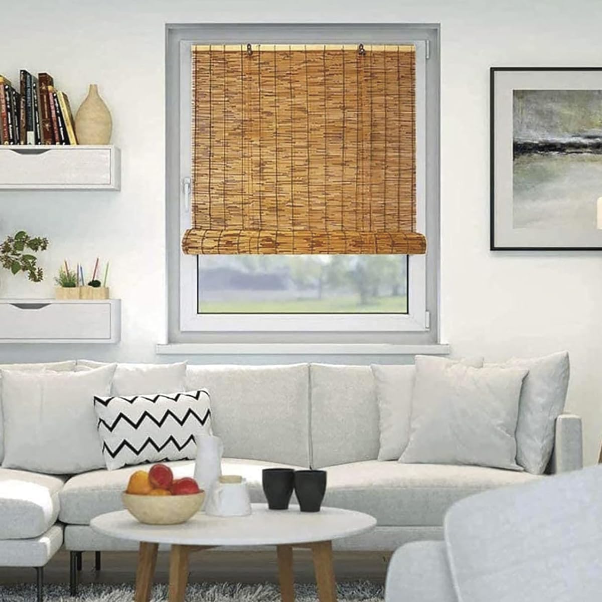 Lot de 2 Store de fenêtre en Bambou avec enroulement Manuel, Protection Vie privée et Brise-Vue, Coloris Naturel- Longueur 120 x Hauteur 200 cm