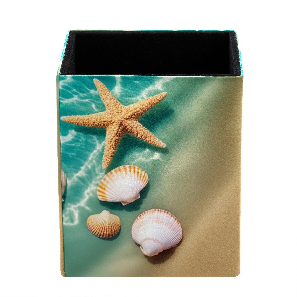 Seashell Starfish Beach Pen Holder Pen Pot, Square Pencil Cup for Desk