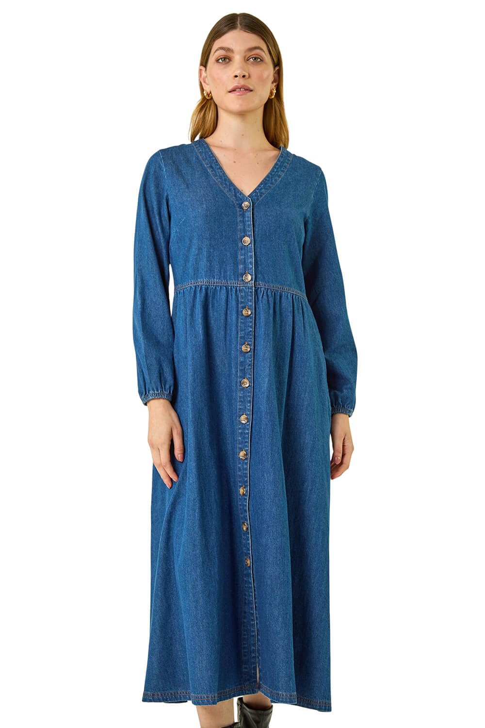 Roman Women's Denim Button Through Midi Dress - Blue - Size 18