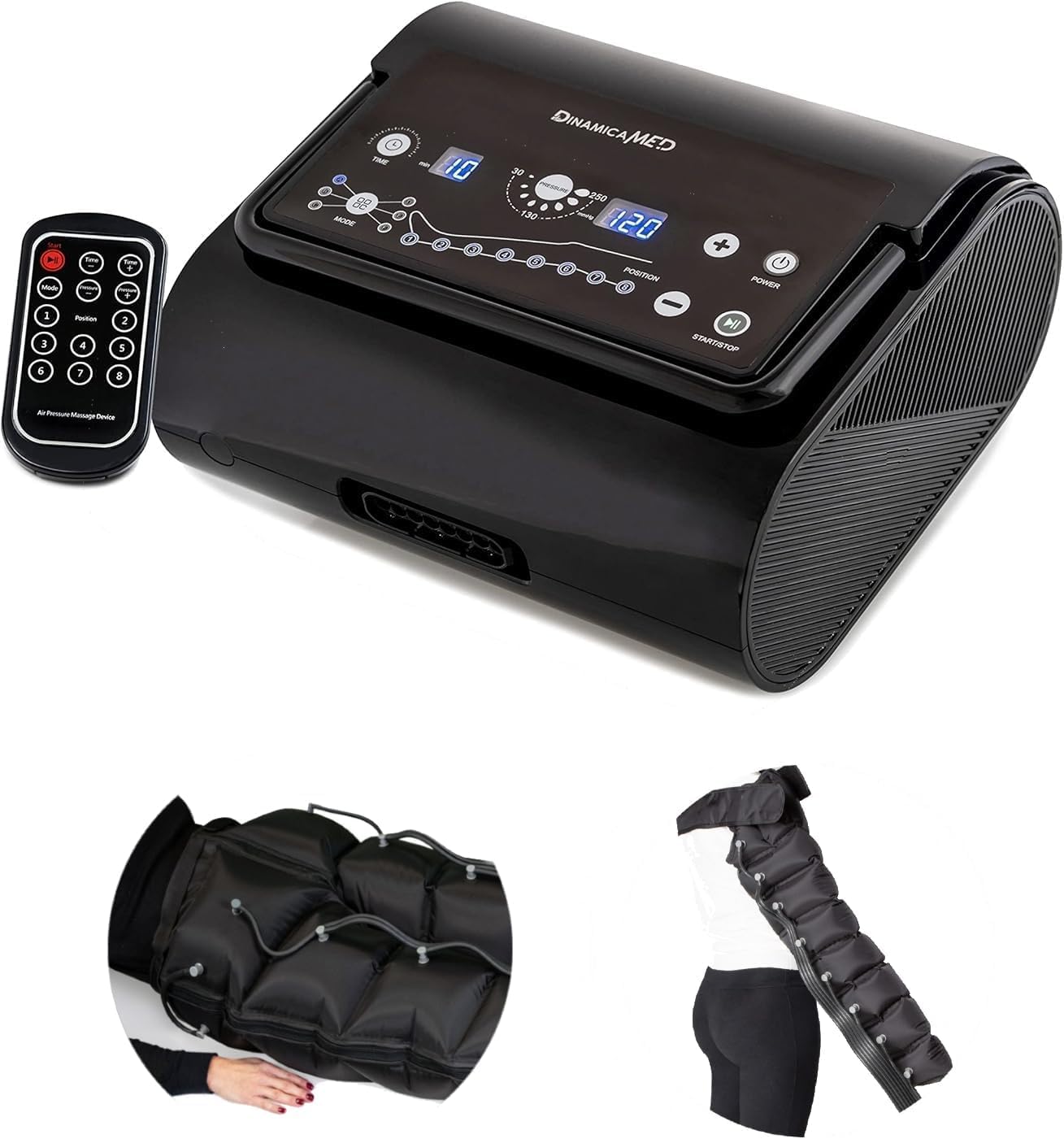 Dinamicamed ® Premium 8.0 Pressoterapia Linfodrenaggio Professionale Digitale Compact, Pressoterapia per Casa con 6 Programmi, Massaggio Linfodrenante 8 Camere Pantalone lungo e Bracciale