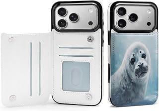 Harp Seal Painting Wallpaper Magnetic Flip Wallet Case for iPhone 17 with Card Holder & Kickstand, Slim Protective Cover with Full-Body Bumper Frame