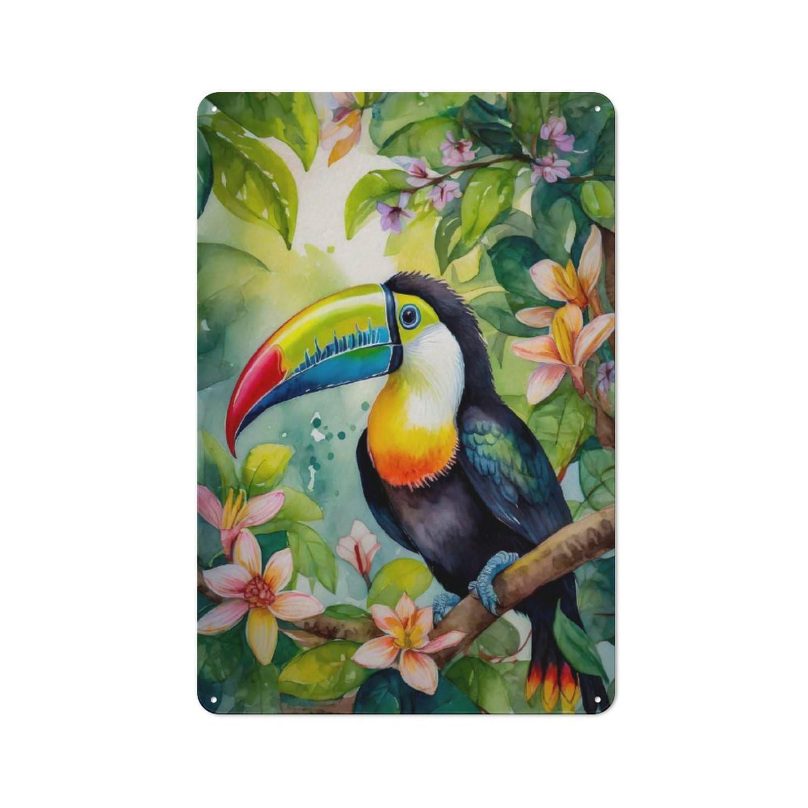 Junmoney Toucan In Botanical Back Tin Wall Plaque 30X20cm With For Man Cave Or Games Room, A Housewarming Gift For Leisure-Room Decor Enthusiasts