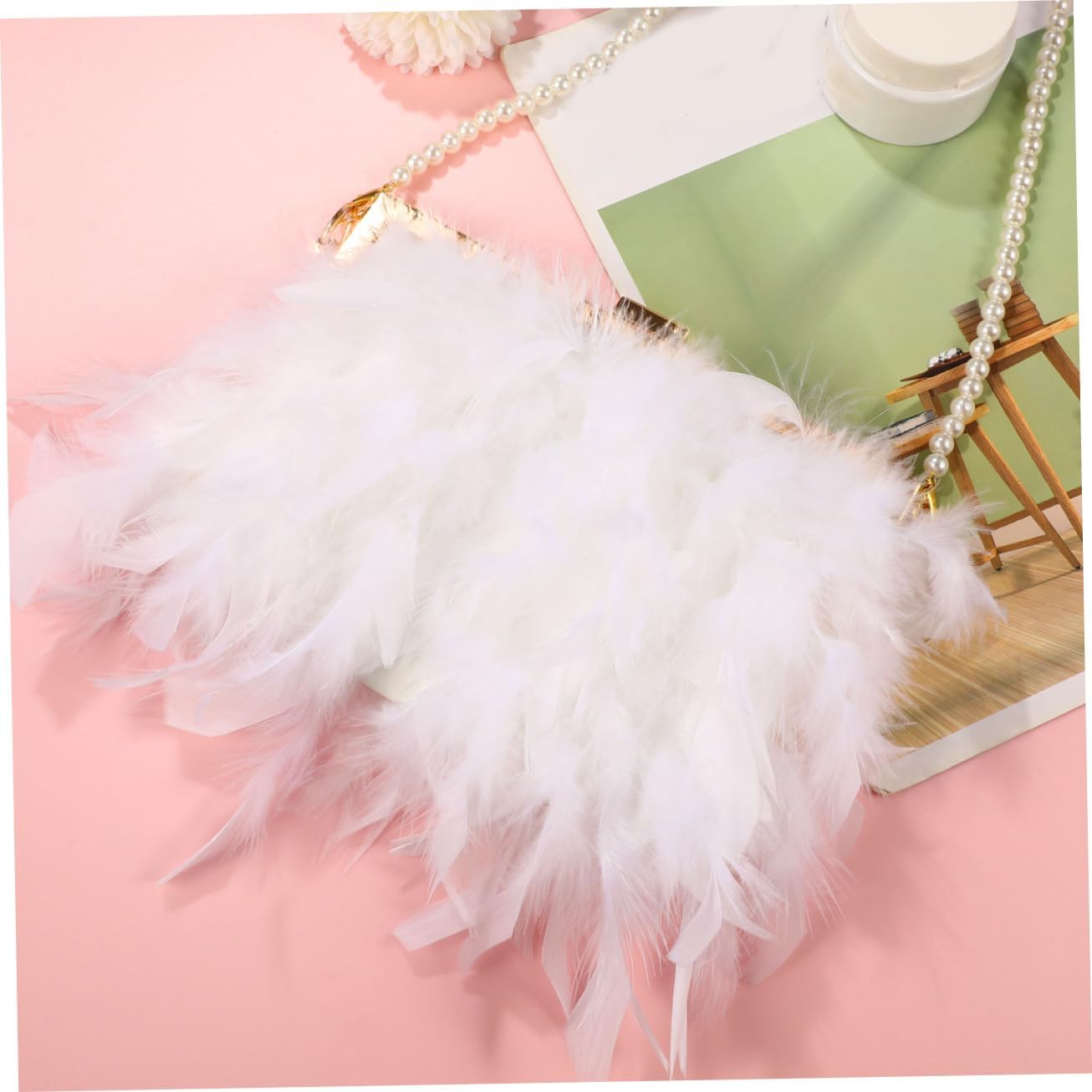 FENICAL Evening Purse with Pearl Strap Chain Clutch Bags Crossbody Bag for Women Girl Ladies (White)