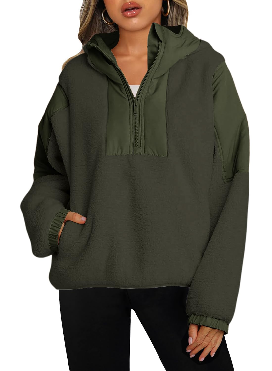 Panadila Women's Half Zip Sherpa Fleece Pullover | Oversized Soft Sweatshirt With Pockets, Beige, Large - View #9